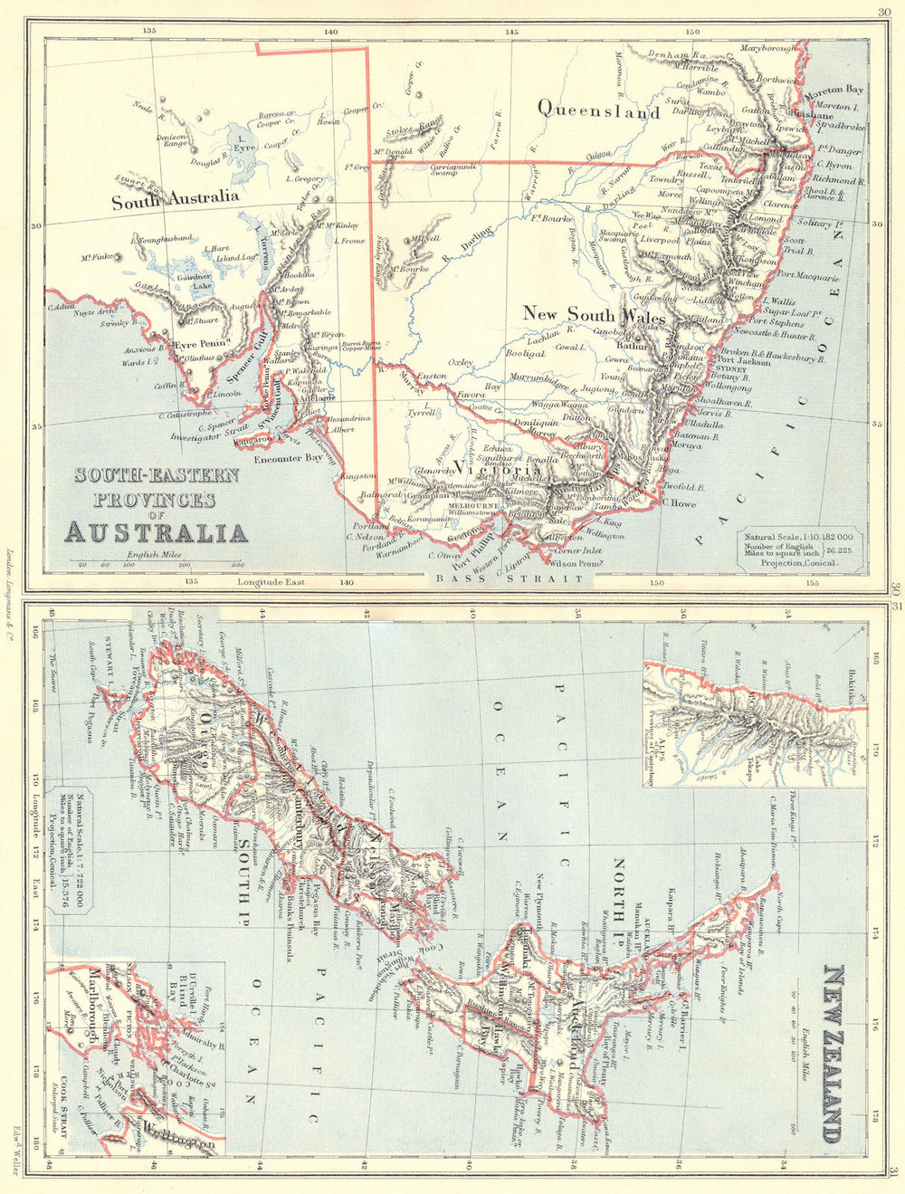 AUSTRALIA & NEW ZEALAND. NSW Victoria SA QLD; Canterbury Alps. BUTLER 1888 map