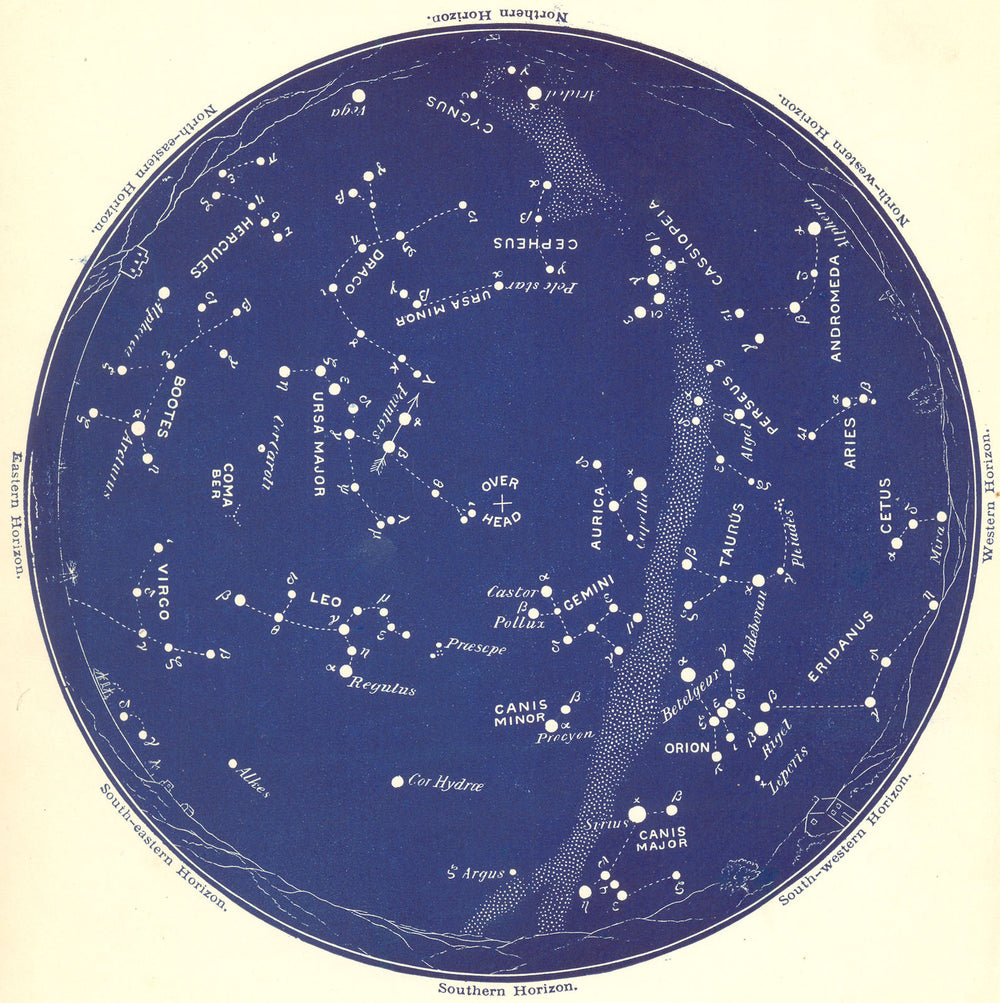 STAR MAP III. The Night Sky. February-March. Astronomy. PROCTOR 1884 old
