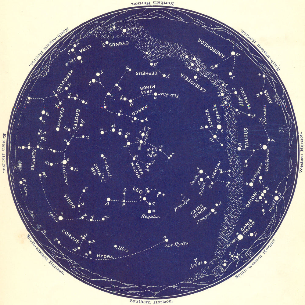 STAR MAP IV. The Night Sky. March-April. Astronomy. PROCTOR 1884 old