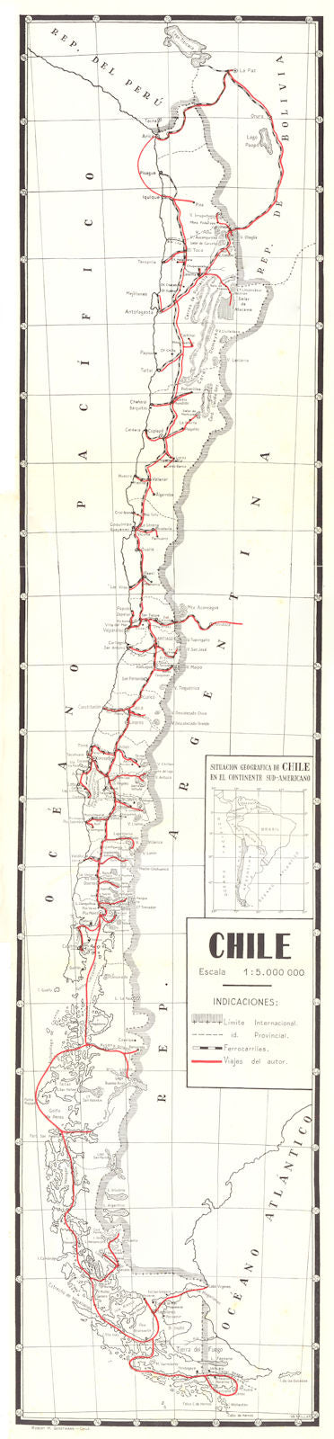 Full length map of Chile. 88 x 20cm by Robert Gerstmann 1932 old vintage