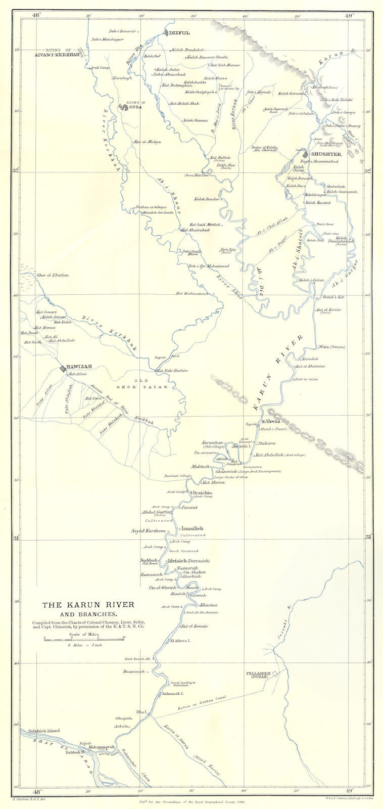 PERSIA (IRAN) . Karun River. Chesney Selby Clements surveys. RGS 1890 old map