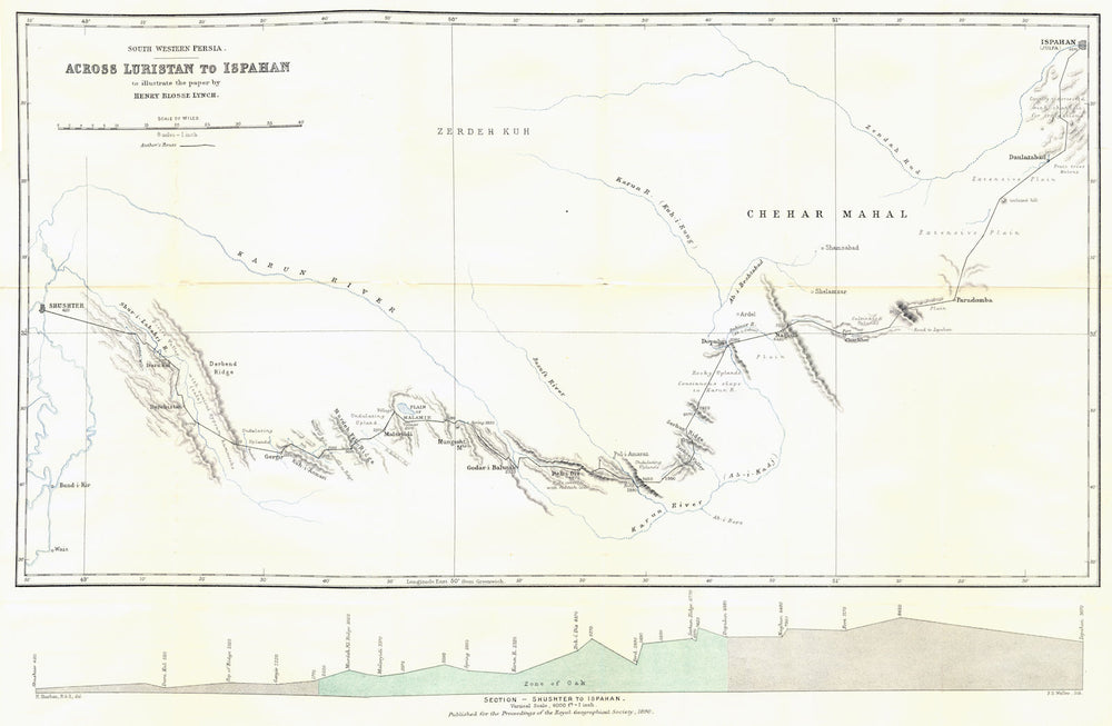 SW PERSIA (IRAN) . Luristan. Shush to Ispafan. Khuzestan. Lynch. RGS 1890 map