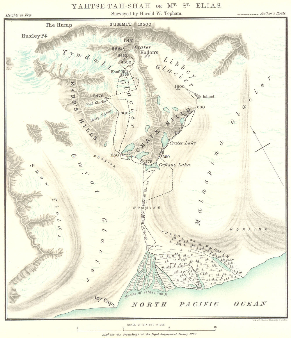 ALASKA. Yahtse-Tah-Shah Mt St Elias & Huxley. Topham survey. RGS 1889 old map