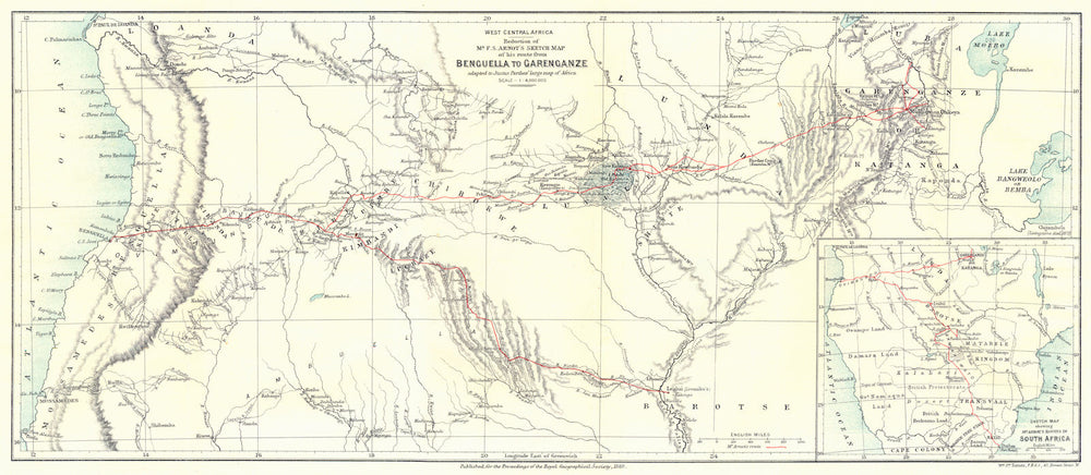 ANGOLA & CONGO.Arnot's route from Benguela to Garenganze.S Africa.RGS 1889 map