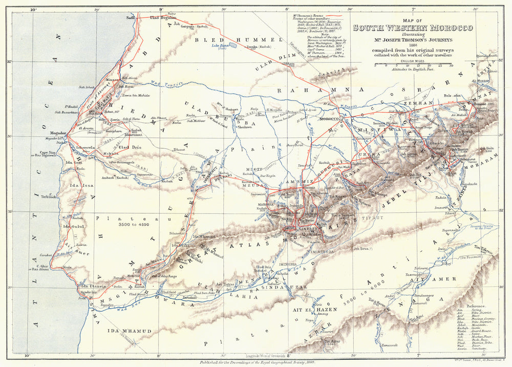 SOUTH WEST MOROCCO. Joseph Thomson's journeys. RGS 1889 old antique map chart