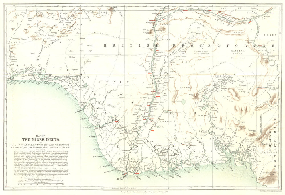 NIGERIA. Niger Delta map. Oil rivers. Lagos. Johnston Sharbau surveys. RGS 1888