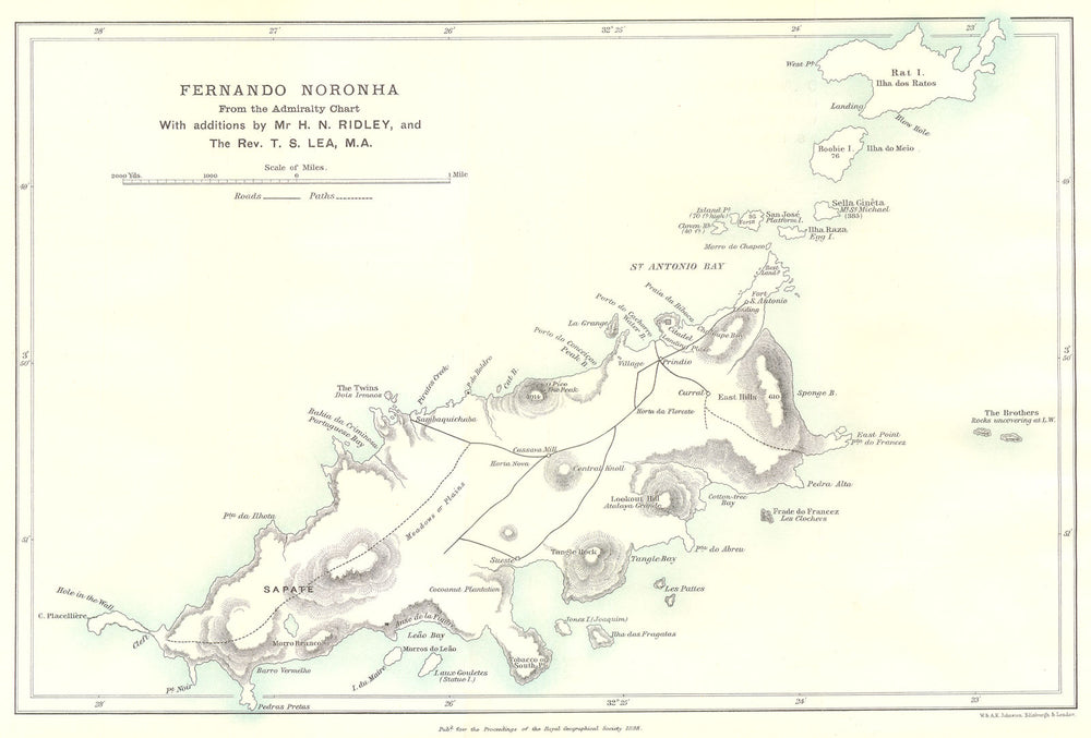 FERNANDO DE NORONHA.From Admiralty chart & Ridley & Rev Lea surveys.RGS 1888 map