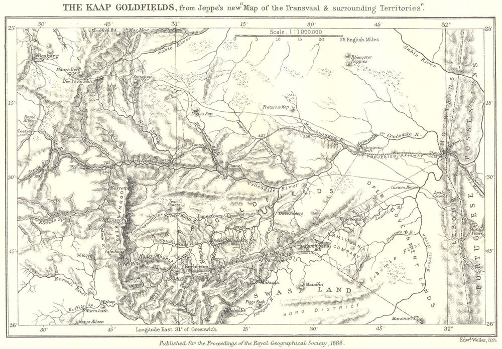 TRANSVAAL.Kaap Goldfields,Kruger/Songimvelo national parks.Jeppe.RGS 1888 map