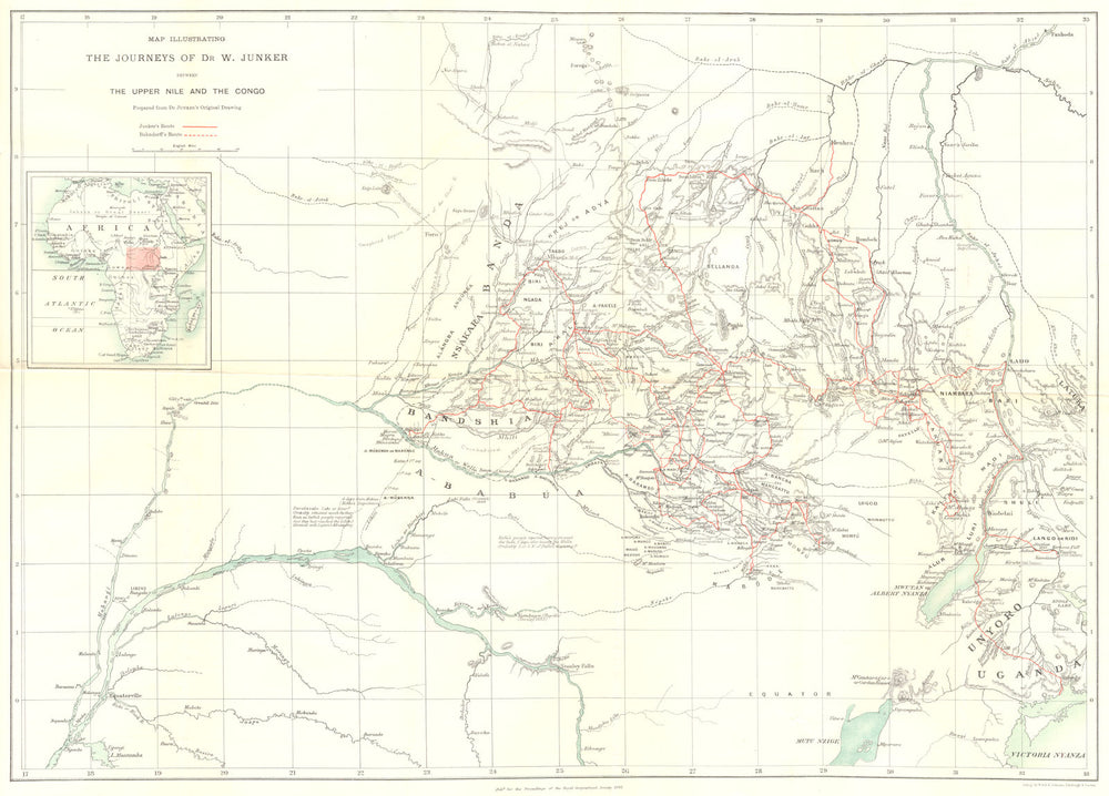 CENT.AFRICA.Dr.Junker journey Upper Nile Congo rivers.Uganda Sudan.RGS 1887 map