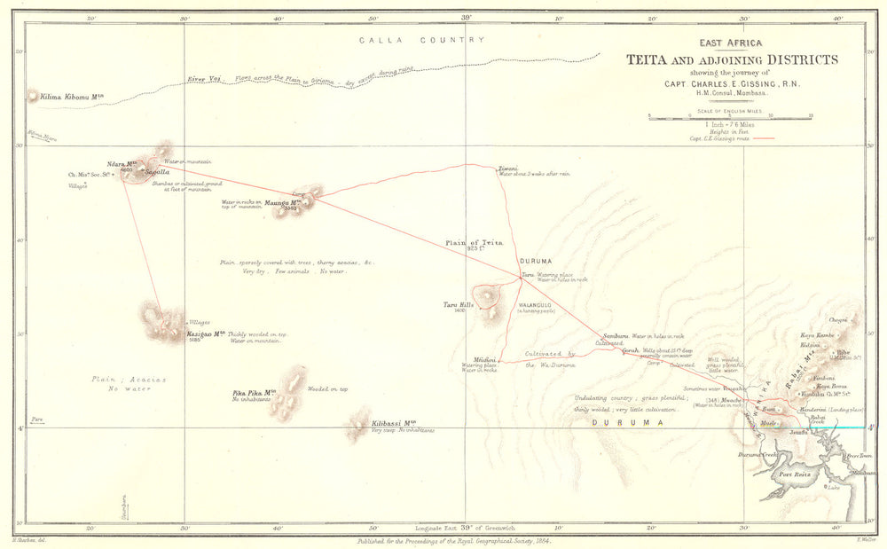 KENYA. Teita district. Mombasa. Capt Gissing's route. RGS 1884 old antique map