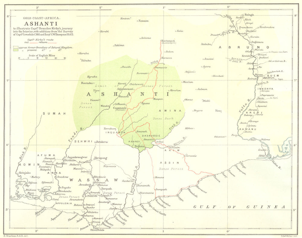 ASHANTI KINGDOM.Gold Coast(Ghana).Kirkby Lonsdale Thompson journeys.RGS 1884 map