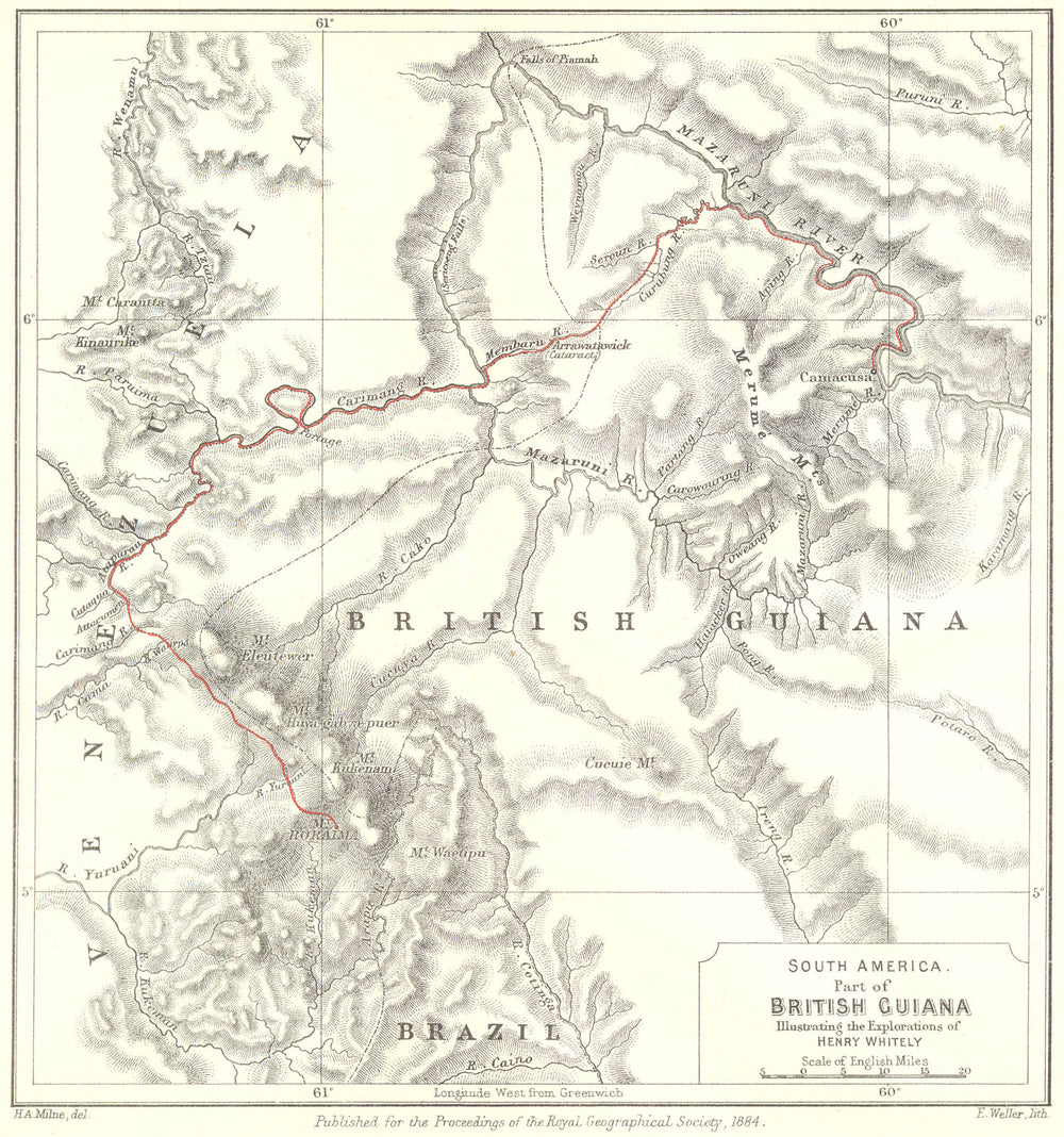 BRITISH GUIANA(GUYANA).Mazaruni river,Cuyuni.Whitely exploration.RGS 1884 map
