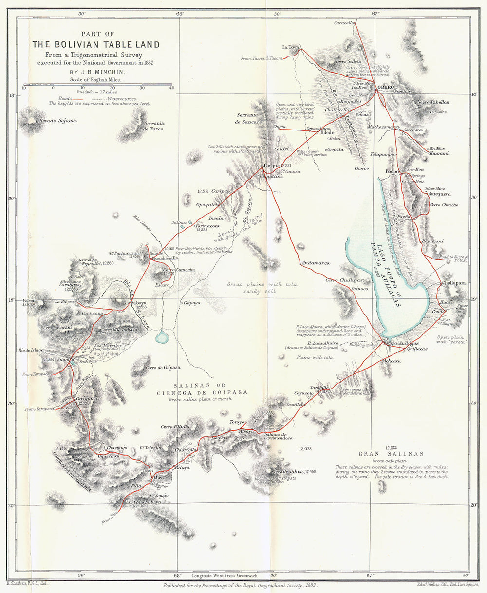 BOLIVIAN ALTIPLANO. Oruro province. Lake Poopo. Minchin survey. RGS 1882 map
