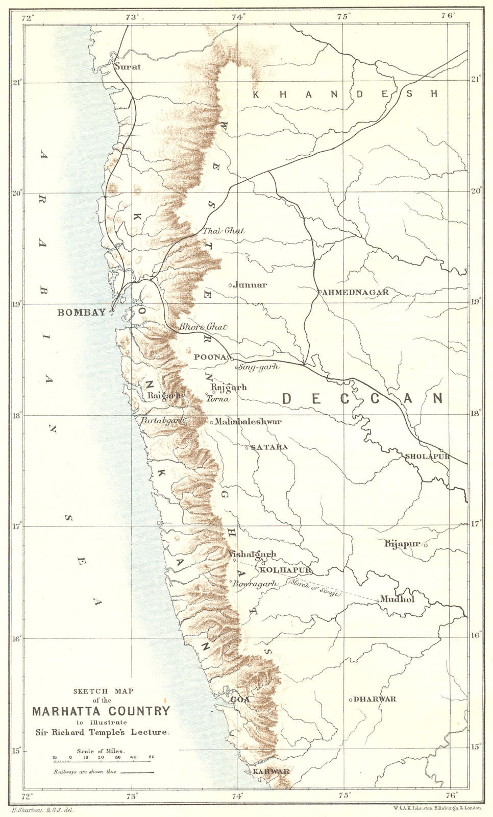 MAHARASHTRA.sketch map Marhatta(Maratha)(मराठा)country.Deccan.Temple.RGS 1882