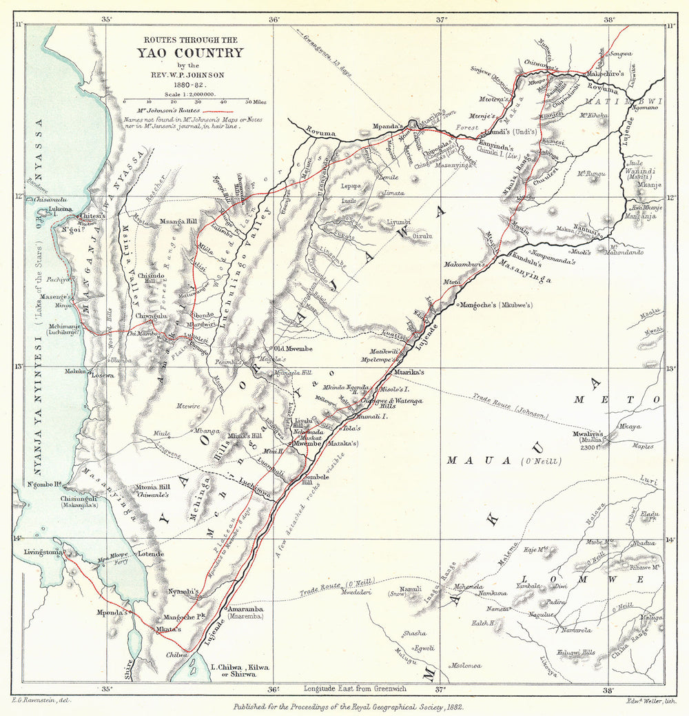 YAO COUNTRY.Mozambique & Malawi.Johnson's route.Lake Nyasa.waYao.RGS 1882 map