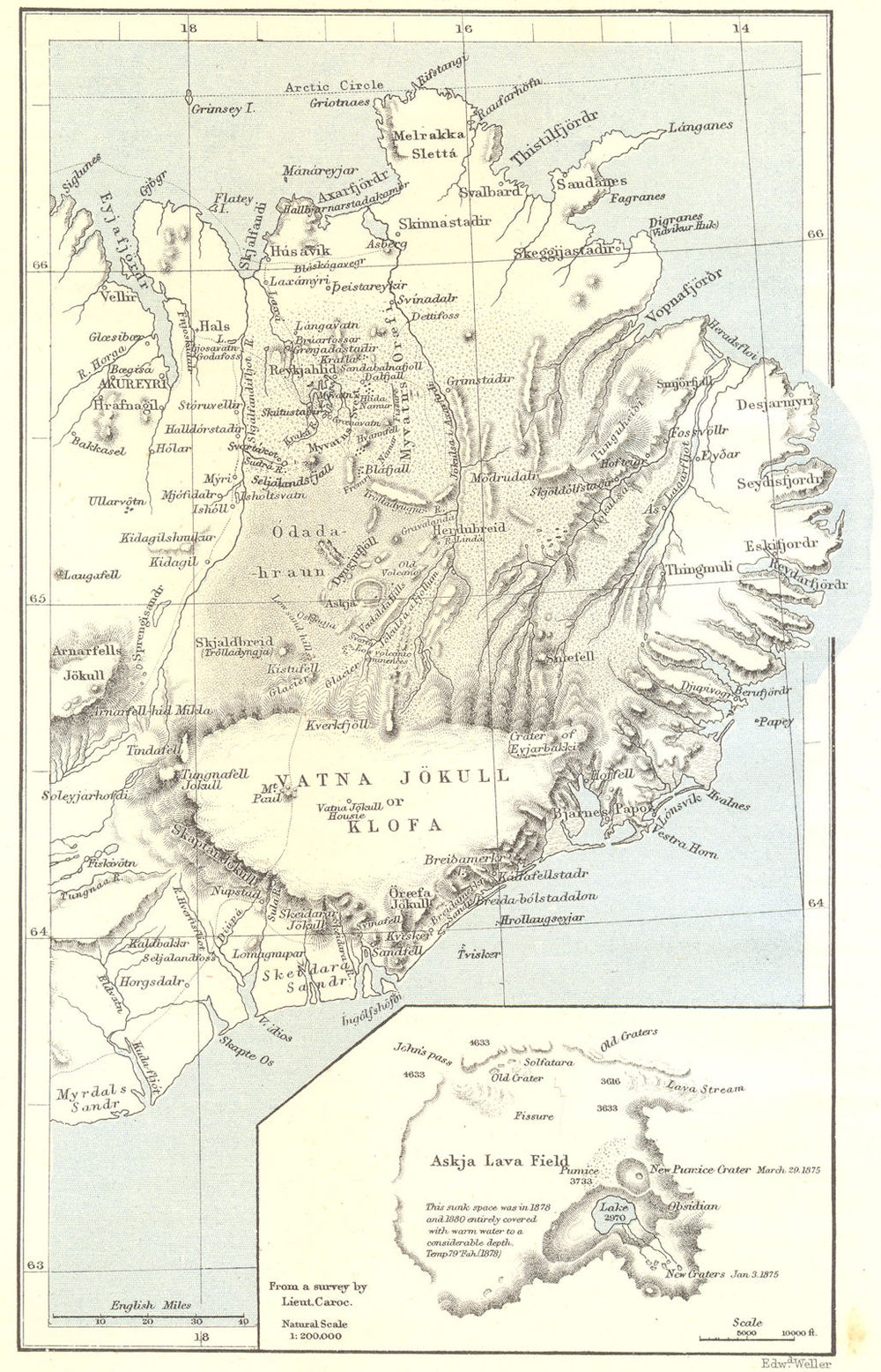 ICELAND. East Coast. WG Lock. Askja Lava field. Lt Caroc survey. RGS 1881 map