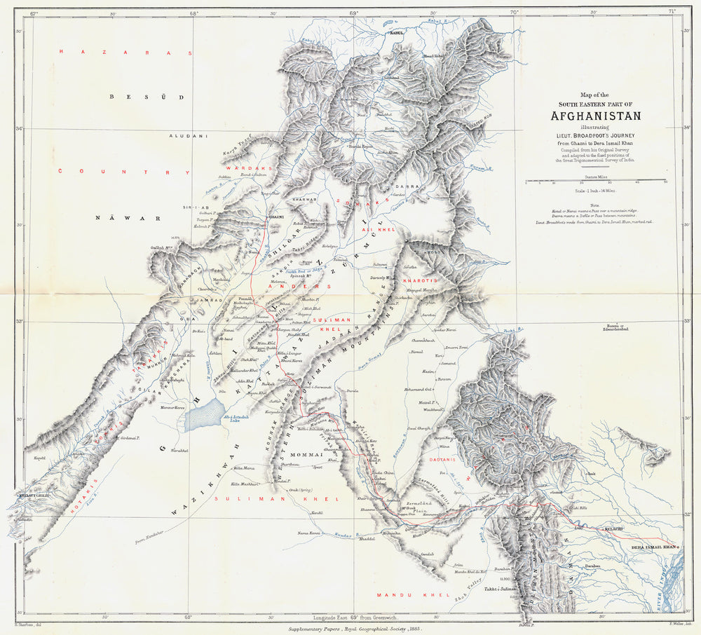SE AFGHANISTAN/NW FRONTIER.Kabul Paktia Khost Waziristan.Broadfoot.RGS 1885 map