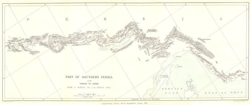 SOUTHERN PERSIA (IRAN) . Shiraz to Jask. Bandar-Abbas. Preece. RGS 1885 map