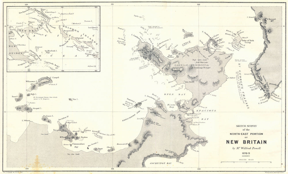 NE NEW BRITAIN. Powell Survey. Gazelle Peninsula. Solomon Islands. RGS 1881 map