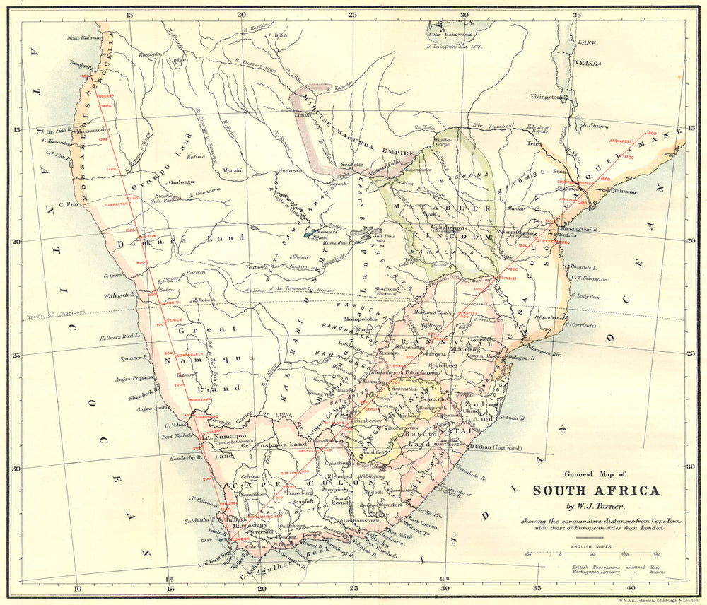 SOUTH AFRICA. Comparative distances from Cape Town/London. Turner. RGS 1881 map