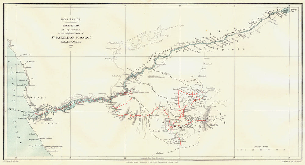ANGOLA.Sao Salvador do Congo(M'banza-Kongo)area.Comber exploration.RGS 1881 map