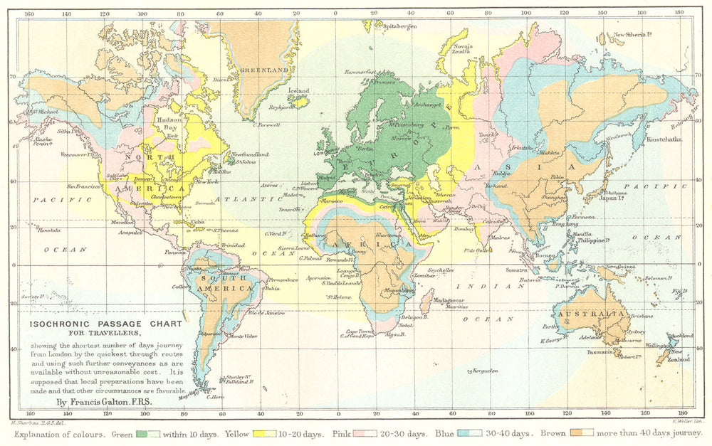 WORLD. Isochronic travel map showing days travel from London. Galton. RGS 1881