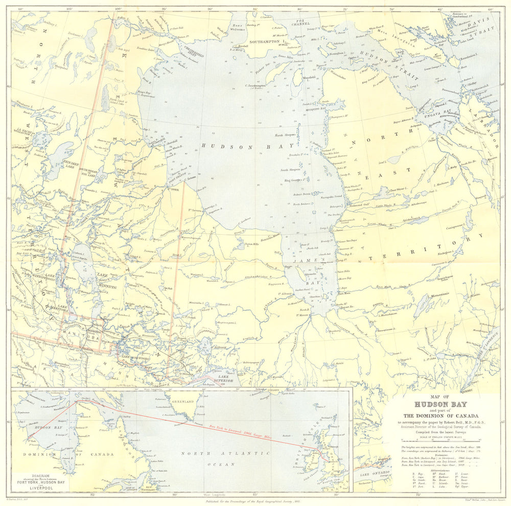 HUDSON BAY. Canada. Route from Fort York to Liverpool.Keewatin.Bell.RGS 1881 map