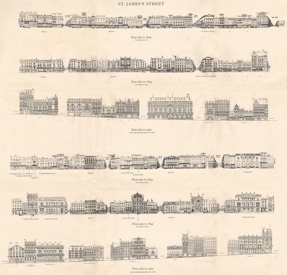 ST. JAMES'S STREET. East & West sides in 1839, 1895 & 1960. London 1960 map
