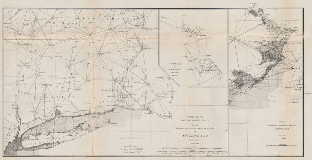 NEW ENGLAND SURVEY. LHS-Connecticut RI MA Long Island. RHS-Maine. USCGS 1889 map