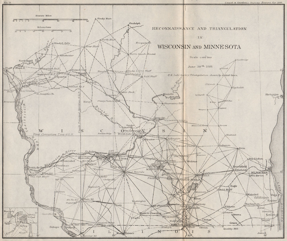 MIDWEST USA.Wisconsin Minnesota triangulation.Milwaulkee Madison.USCGS 1889 map