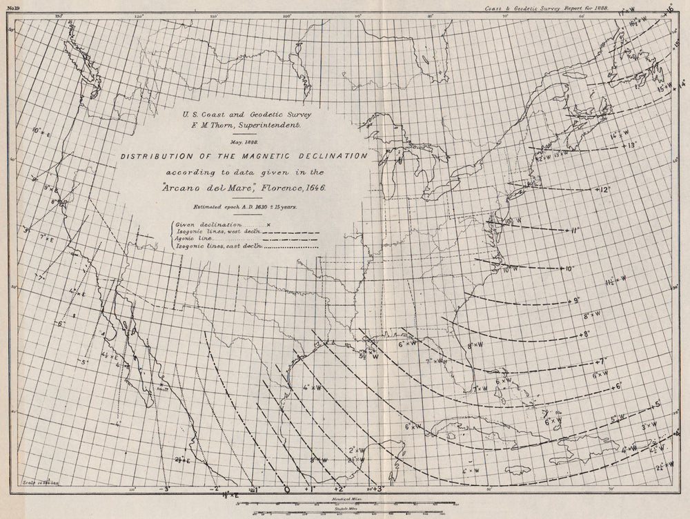 USA. Magnetic declination 1630. Arcano del Mare. Isogonic lines. USCGS 1889 map
