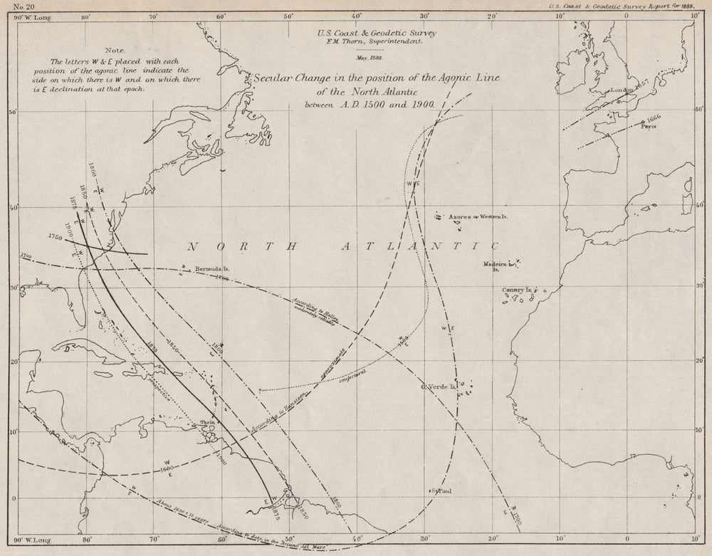 ATLANTIC OCEAN.Agonic Line change 1500-1900.Magnetic declination.USCGS 1889 map