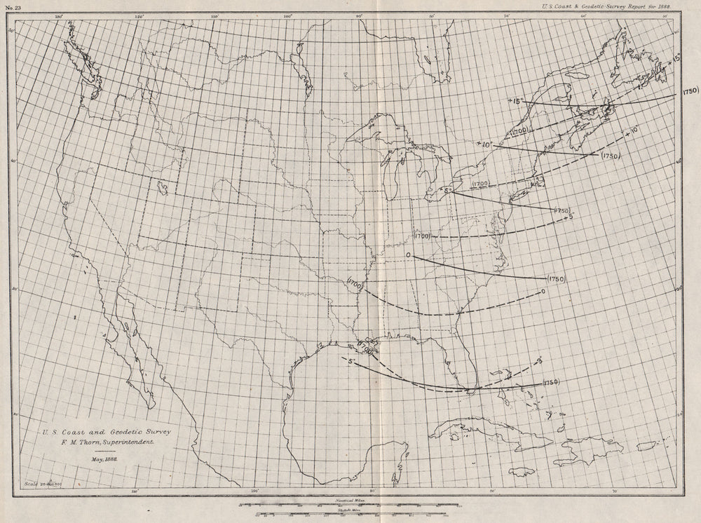 USA. Showing magnetic declination in 1700 & 1750. Isogonic lines. USCGS 1889 map