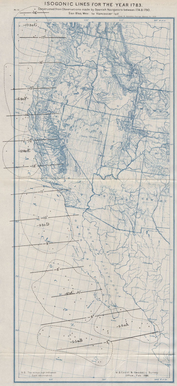 USA WEST COAST. Isogonic lines in 1783 from Spanish navigators. USCGS 1889 map