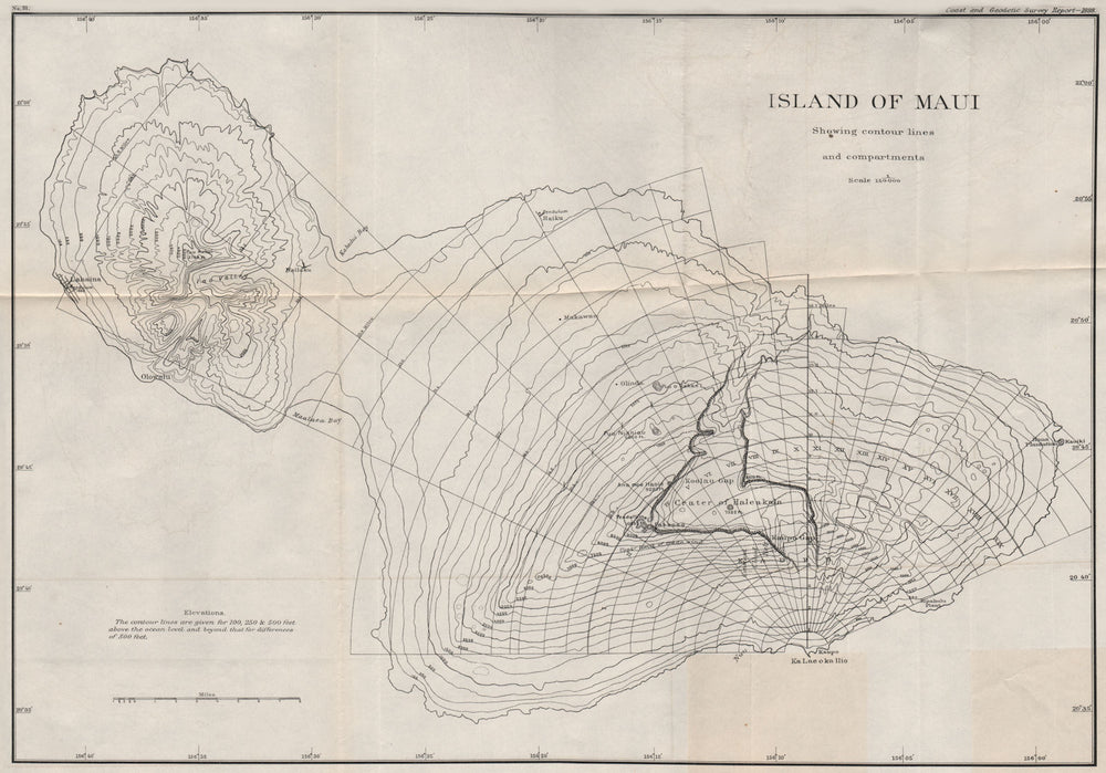 ISLAND OF MAUI. showing contour lines and compartments. Hawaii. USCGS 1889 map