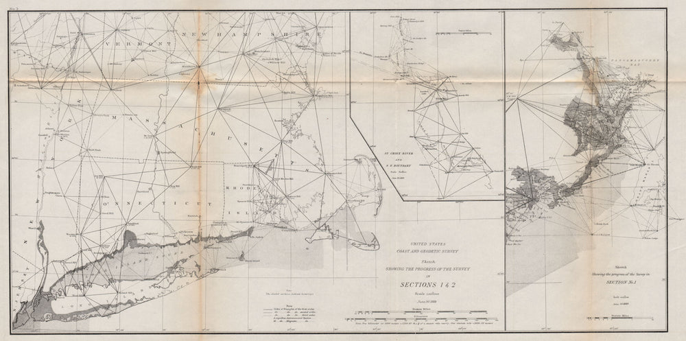 NEW ENGLAND SURVEY. LHS-Connecticut RI MA Long Island. RHS-Maine. USCGS 1889 map