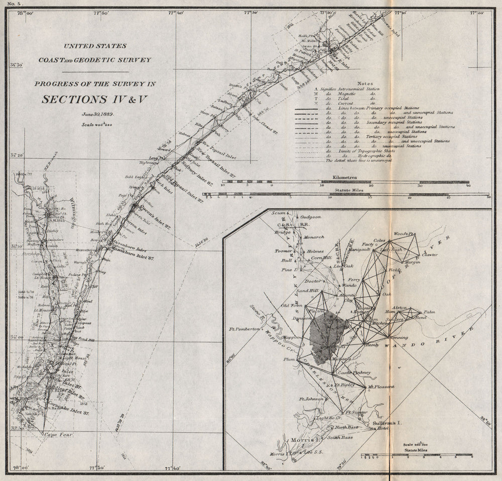 CAROLINAS COASTAL SURVEY.Cape Fear/Wilmington.Charleston harbour.USCGS 1889 map