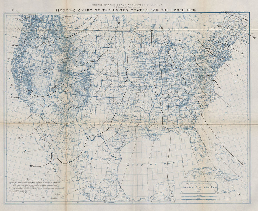 UNITED STATES.Isogonic chart for epoch 1890.Magnetic declination.USCGS 1889 map