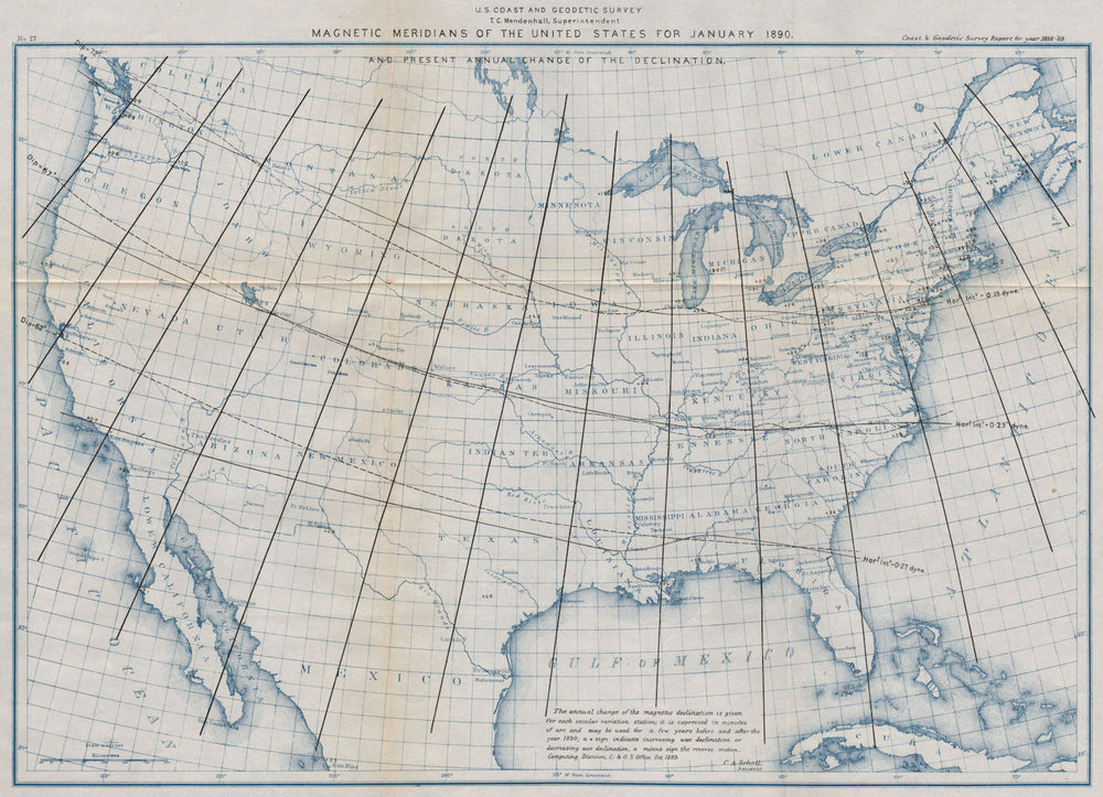 USA. Magnetic meridians January 1890. Annual declination change. USCGS 1889 map