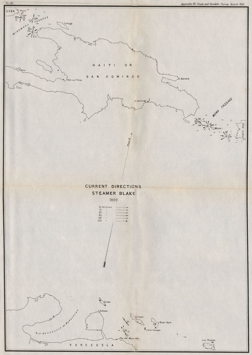 HISPANIOLA. Ocean current directions 1889. Cuba Puerto Rico. USCGS 1889 map