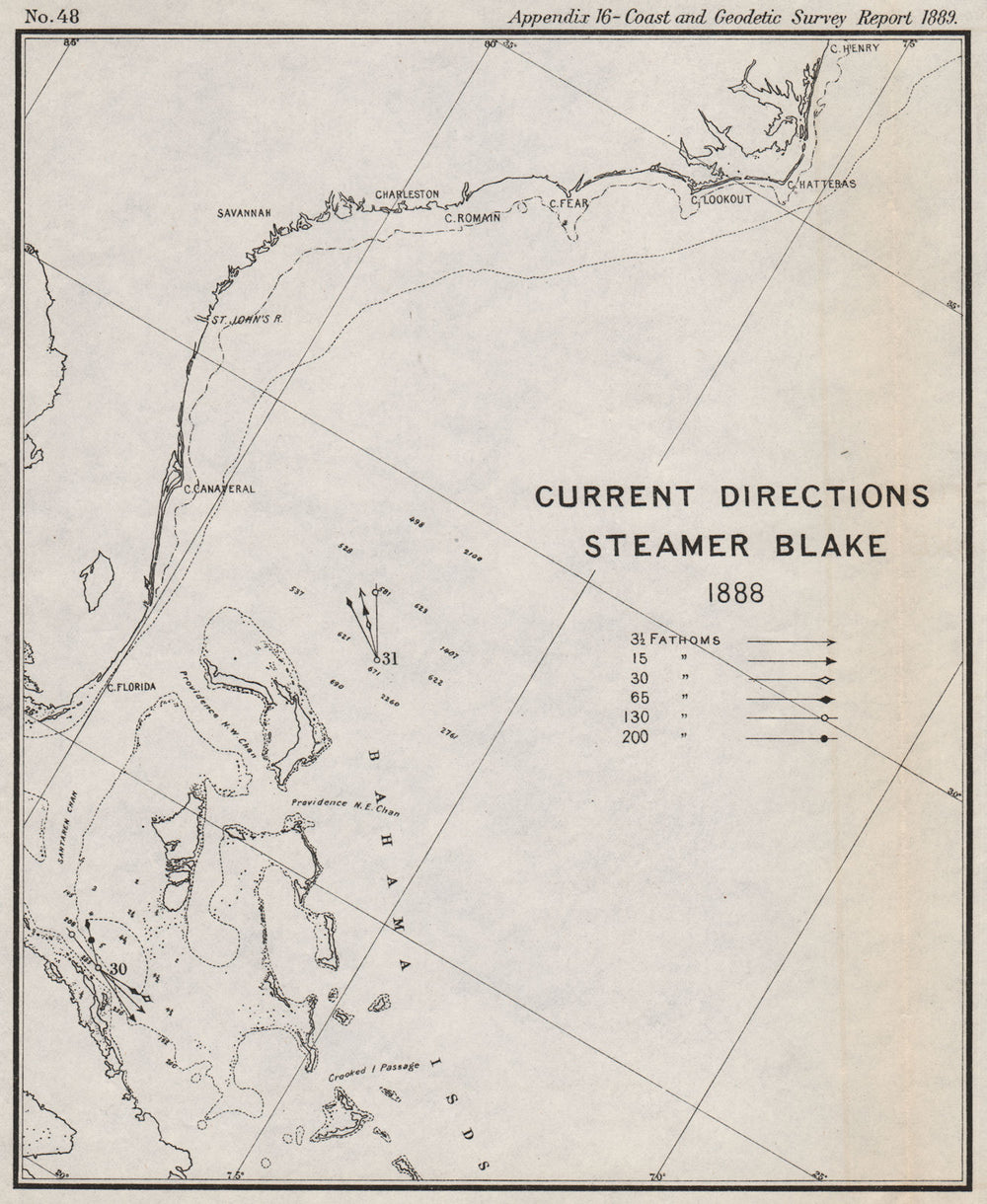 USA BAHAMAS. Ocean current directions 1888. Gulf Stream. USCGS 1889 old map