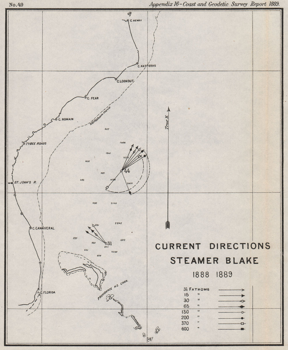 USA EAST COAST. Ocean current directions 1888-89. Gulf stream. USCGS 1889 map