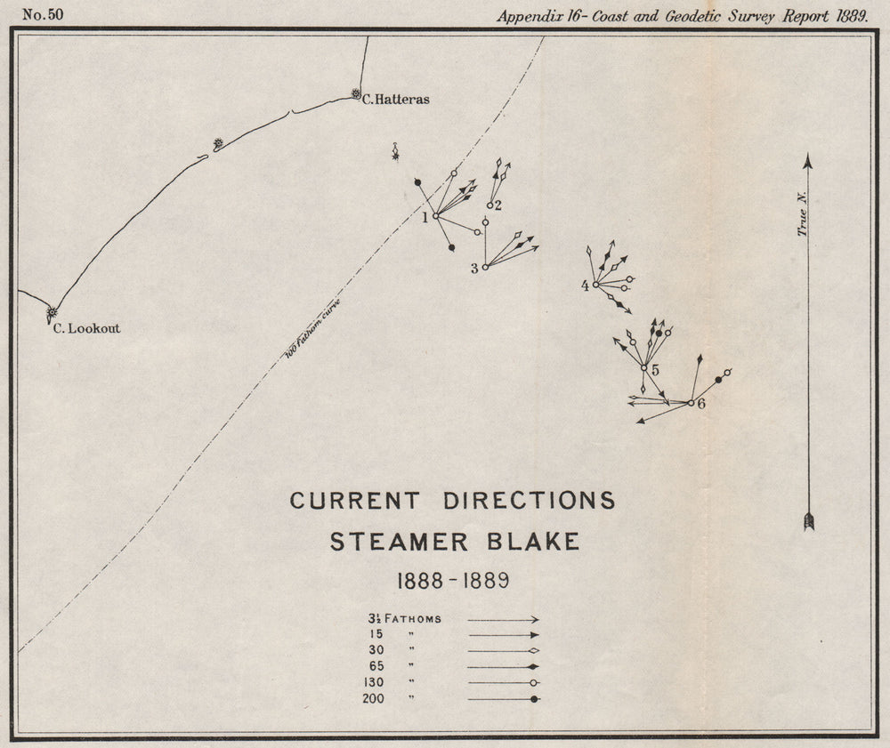 OUTER BANKS NC COAST.Ocean currents 1888-89.Cape Hatteras Lookout.USCGS 1889 map