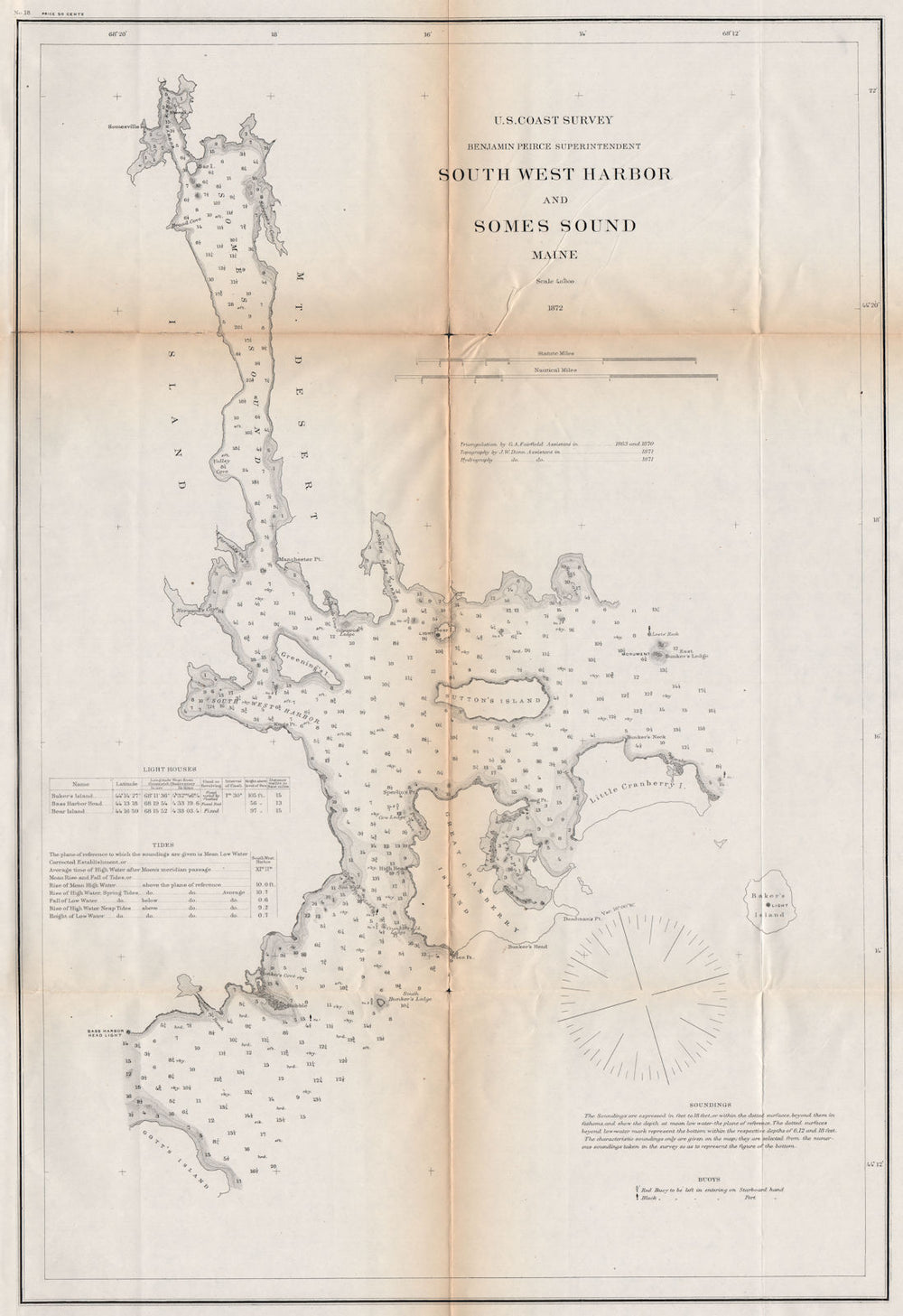 MAINE COASTAL CHART. South West Harbor and Somes Sound. USCGS 1870 old map