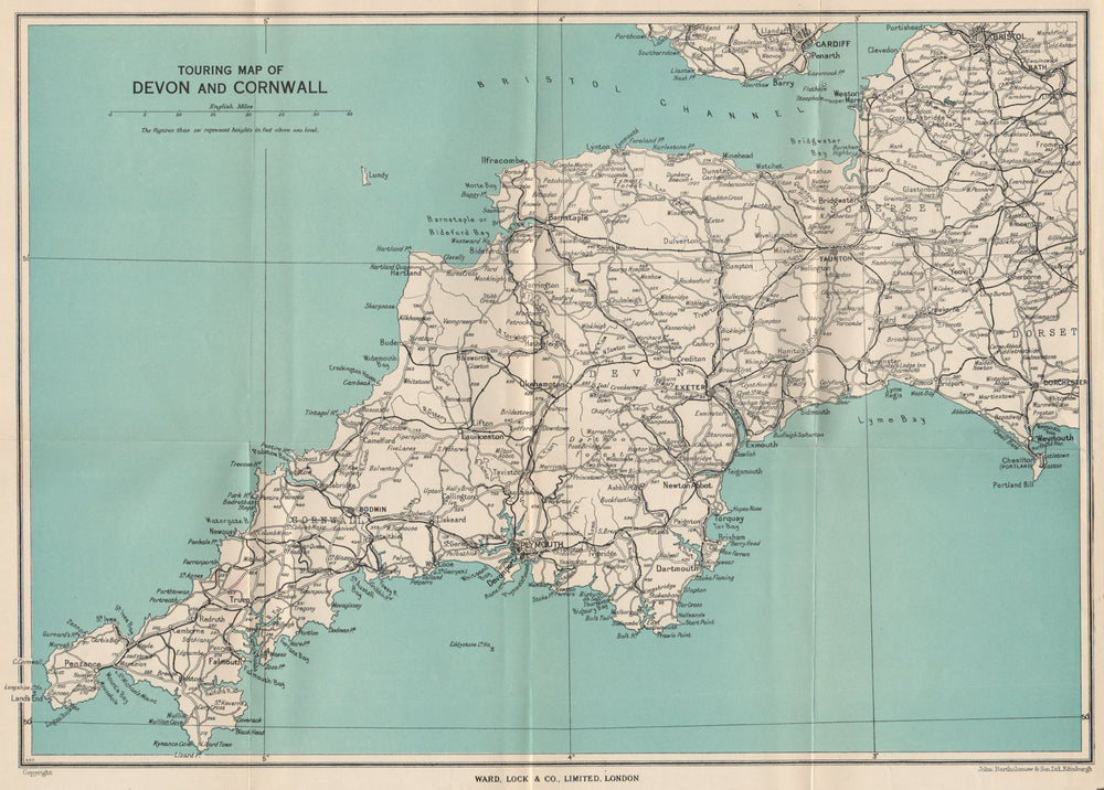 SOUTH WEST ENGLAND. Touring map of Devon & Cornwall. WARD LOCK c1955 old