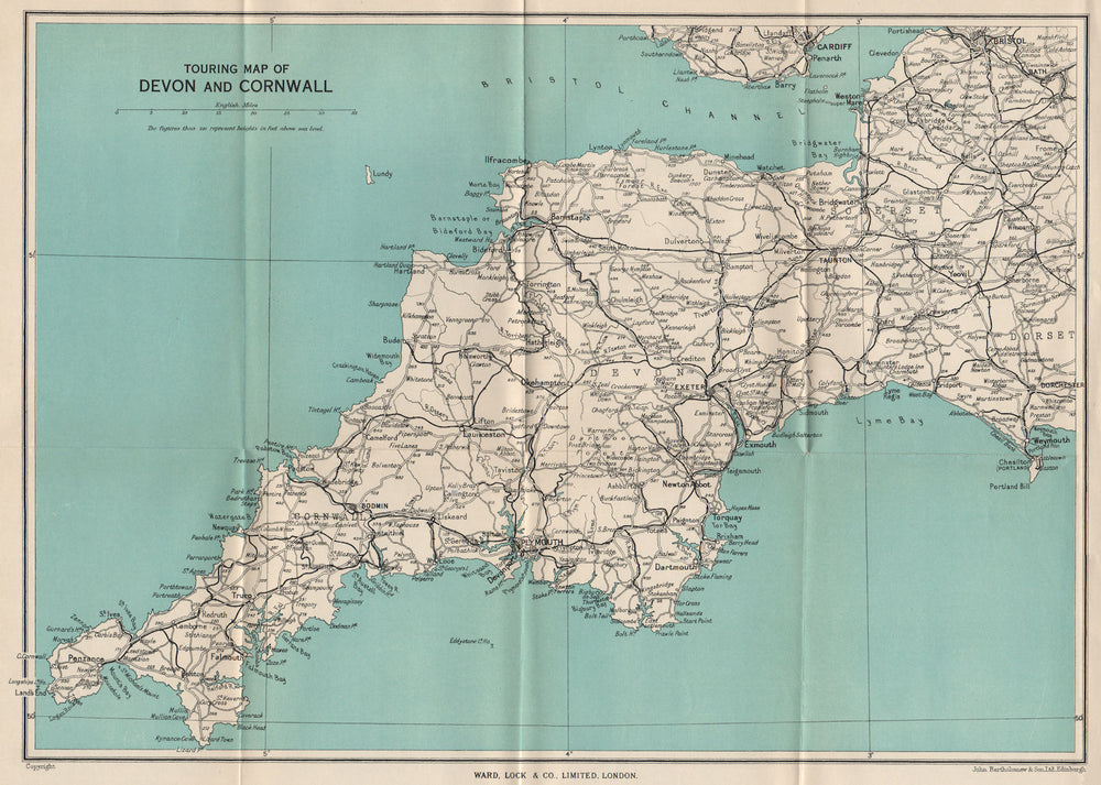 SOUTH WEST ENGLAND. Devon and Cornwall touring map. WARD LOCK c1955 old