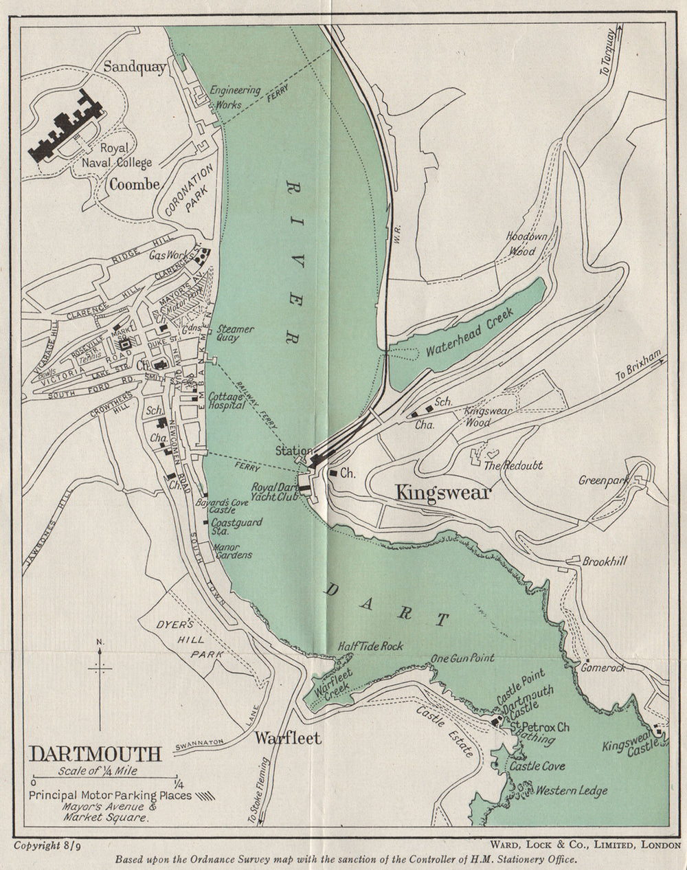 DARTMOUTH town plan Ferries Royal Naval College Kingswear WARD LOCK c1955 map