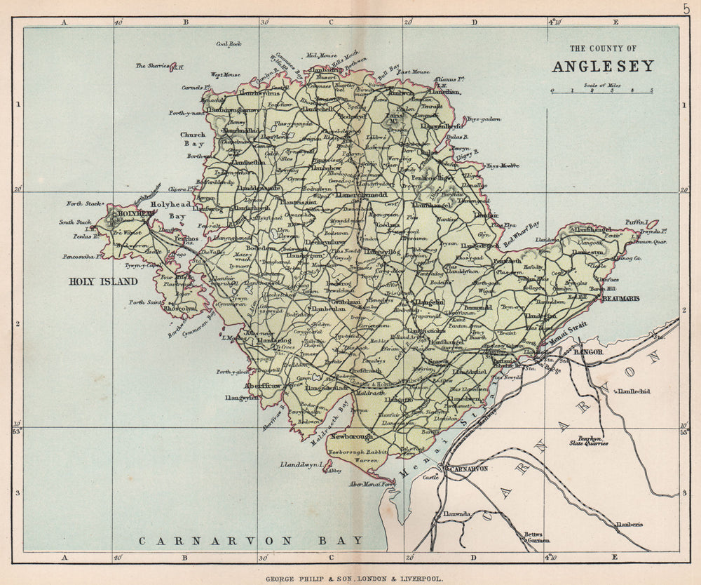 WALES."The County of Anglesey".Antique map. Holyhead Beaumaris. BARTHOLOMEW 1896