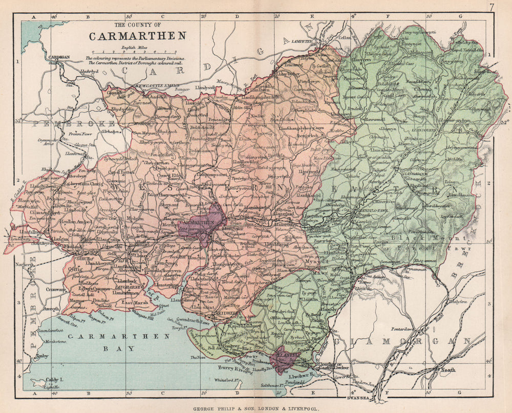 CARMARTHENSHIRE."The County of Carmarthen". Llanelli Wales. BARTHOLOMEW 1896 map