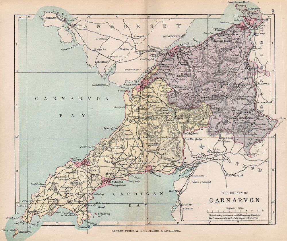 CAERNARFONSHIRE. "County of Carnarvon". Bangor Conwy Wales. BARTHOLOMEW 1896 map